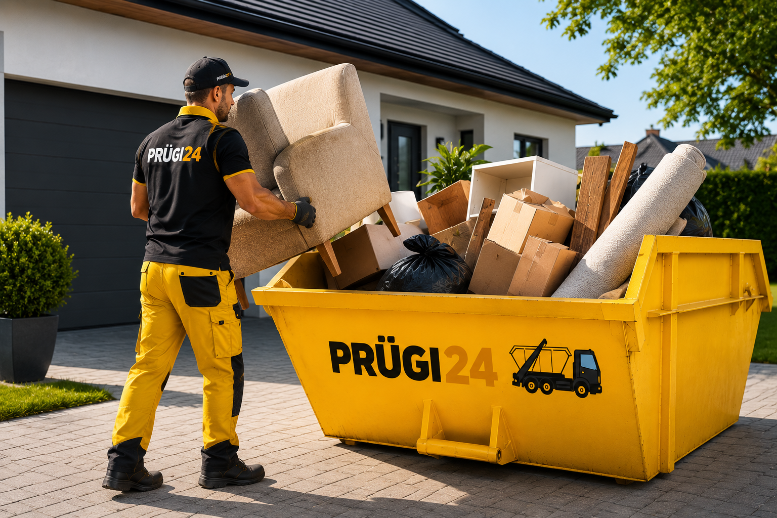 Prügi äravedu erakliendile — töötaja laadib vana mööbli kollasesse konteinerisse