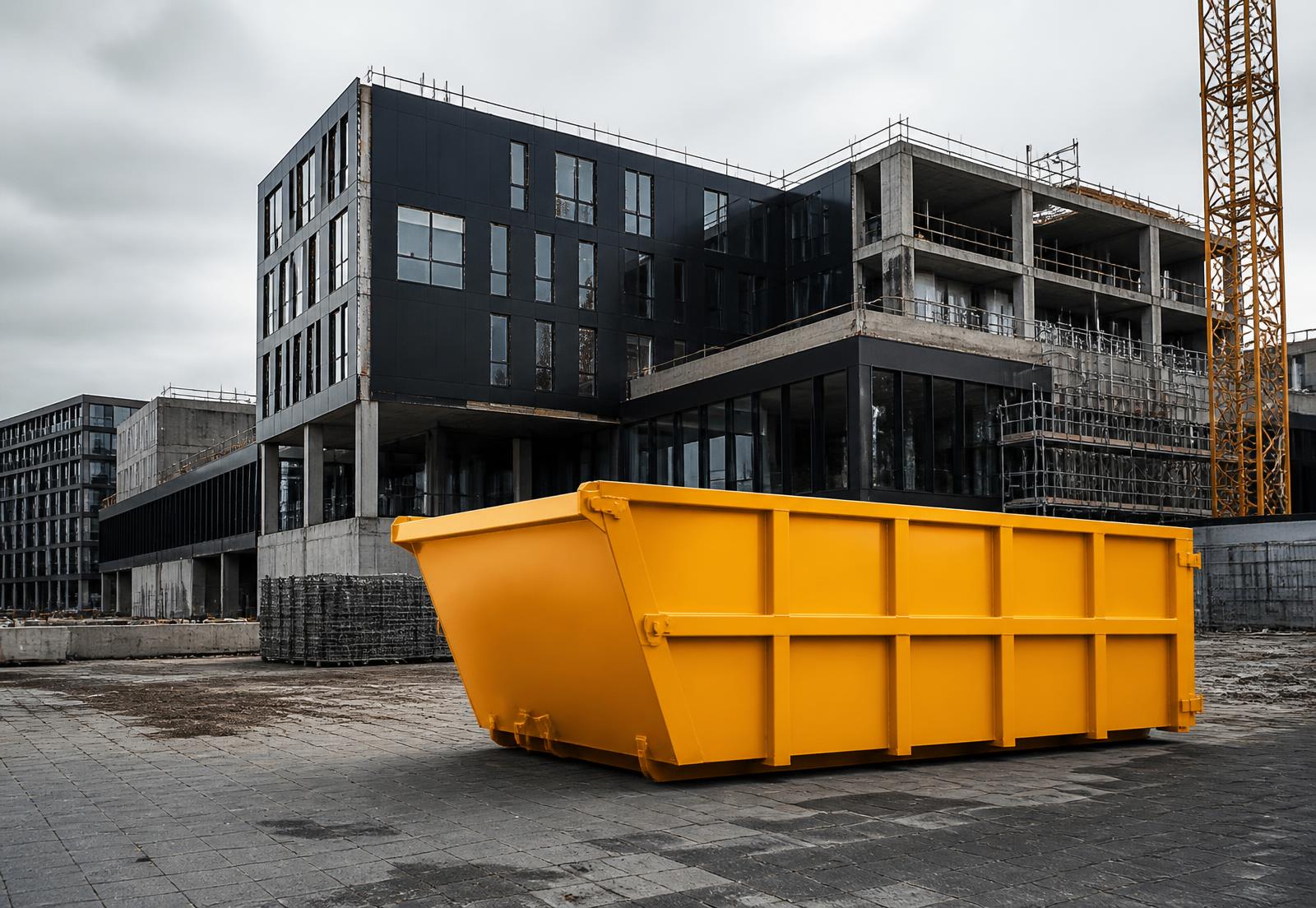 Kollane ehituskonteiner kaasaegse ehitusobjekti ees